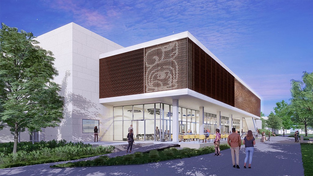 Southwestern College Student Union exterior rendering in the evening