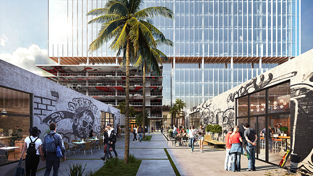 A group of people walking outside of a building.