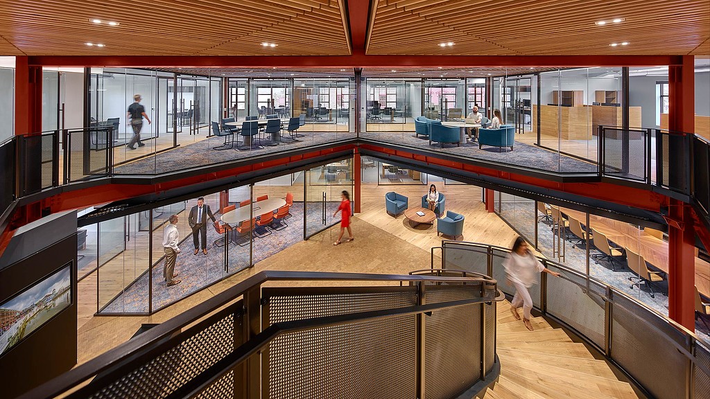 A group of people in a building.