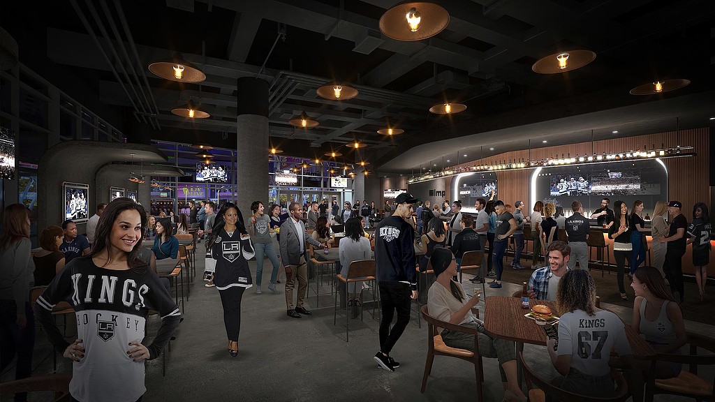 Crypto.com Arena bar rendering with LA Kings fans