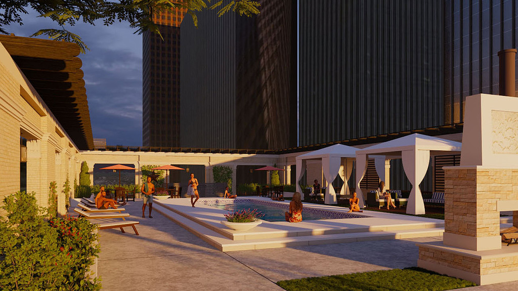 Esperson building amenity deck with pool rendering.