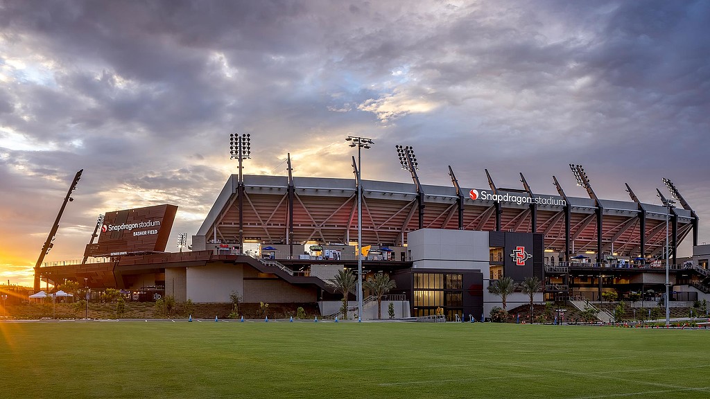 Snapdragon Stadium exterior with moody clouds.