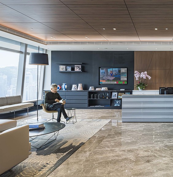 Confidential financial services client reception lounge.