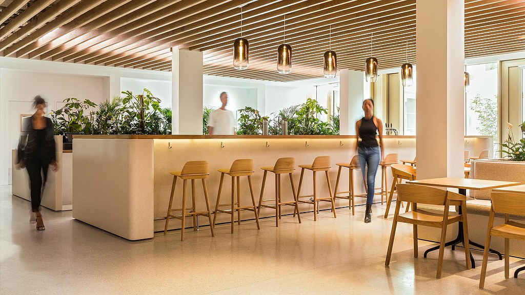 Maison Bayard cafe with bar stools.