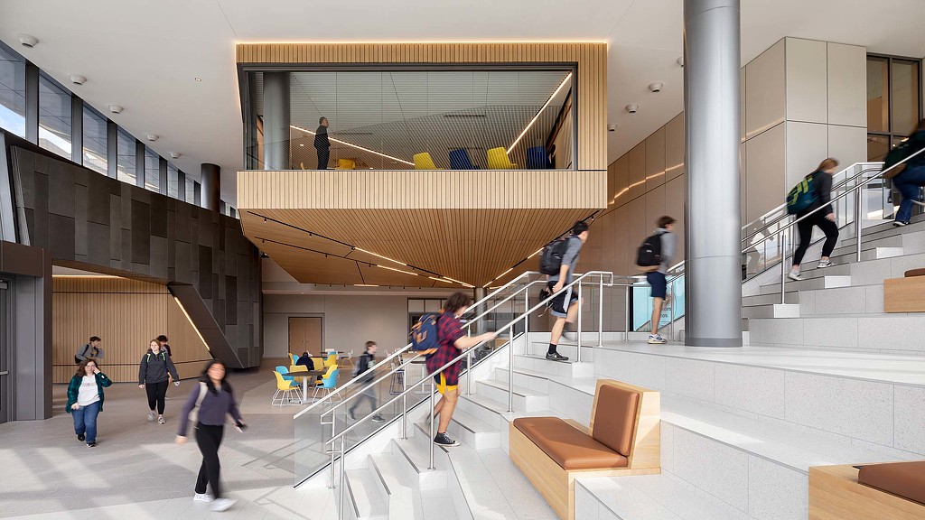 Stadium stair with view of elevated conference room at WVU Reynolds Hall