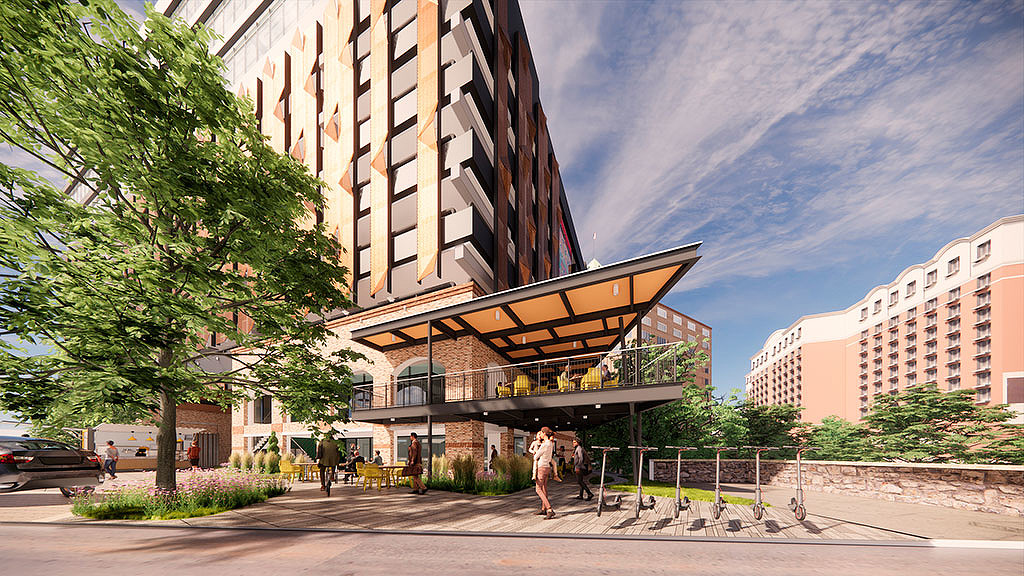 A building with a glass front.