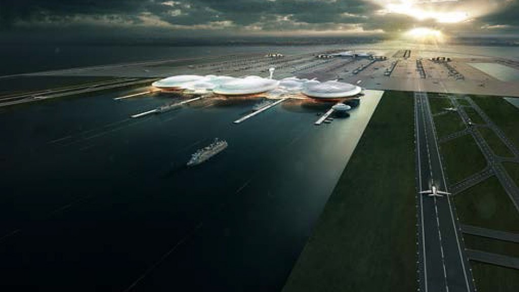 An aerial view of a large body of water.