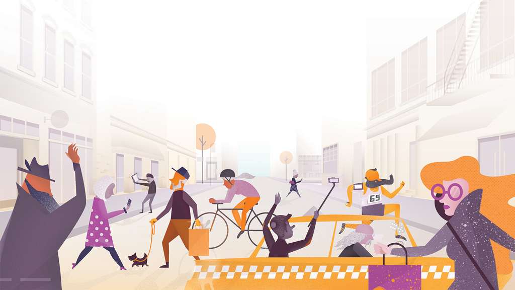 A cartoon illustration of people moving around a busy city.
