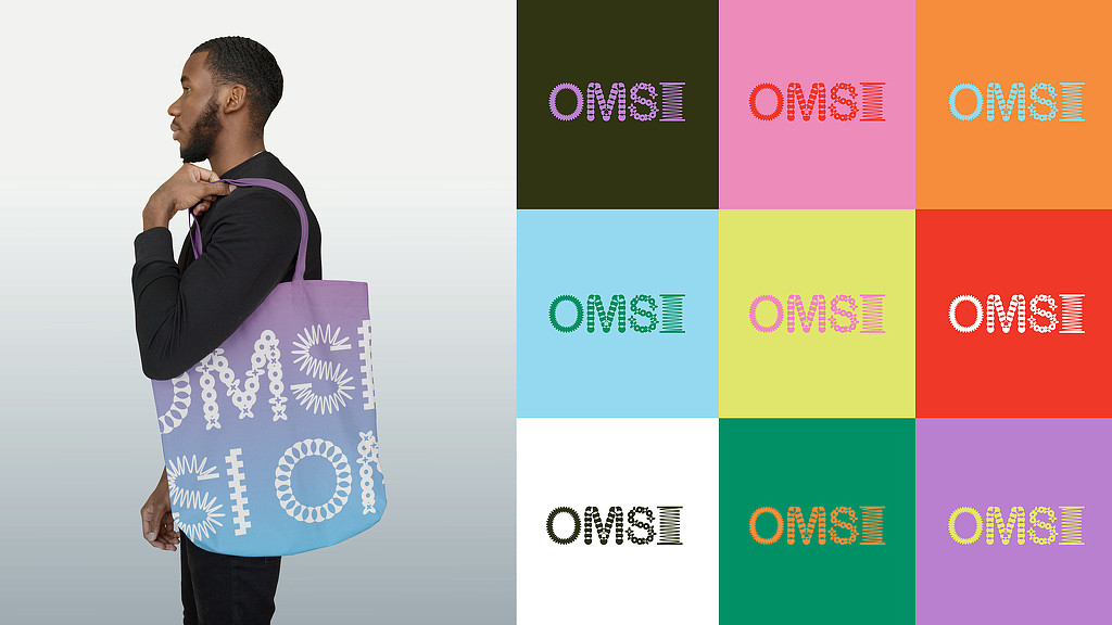 Side-by-side composite of a model with OMSI tote bag and OMSI logos.