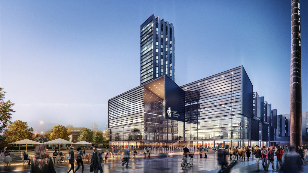 People standing around a plaza outside of a new, modern educational campus building.