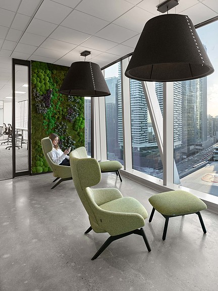 Open seating near greenery and windows