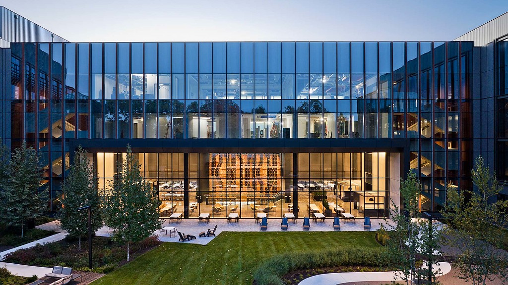 Exterior evening shot of outdoor seating area at 225 Wyman