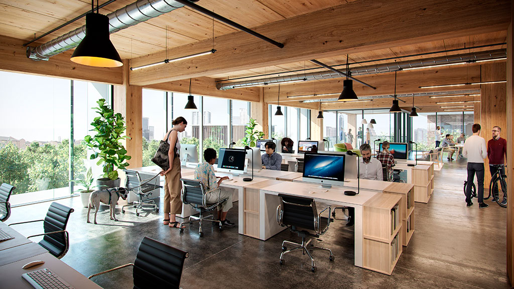 A group of people in an office.