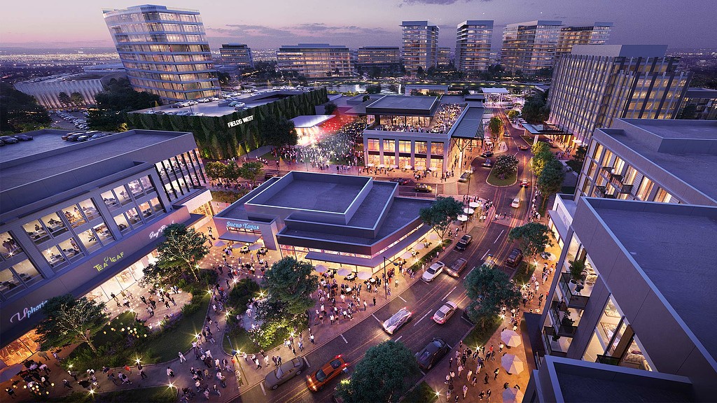 Fields West Master Plan aerial nighttime rendering