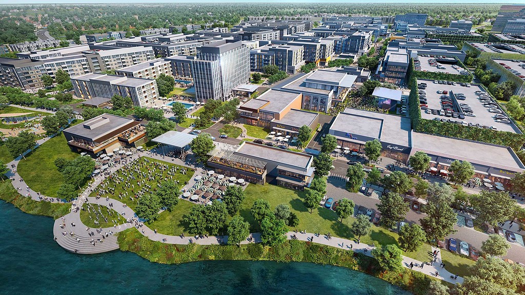 Fields West Master Plan daytime aerial rendering