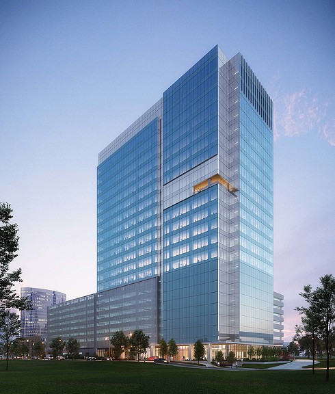 A tall glass building.
