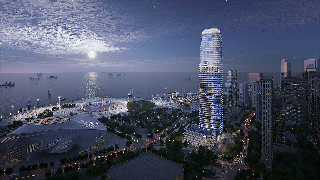 CMG Dalian Tower nighttime aerial rendering