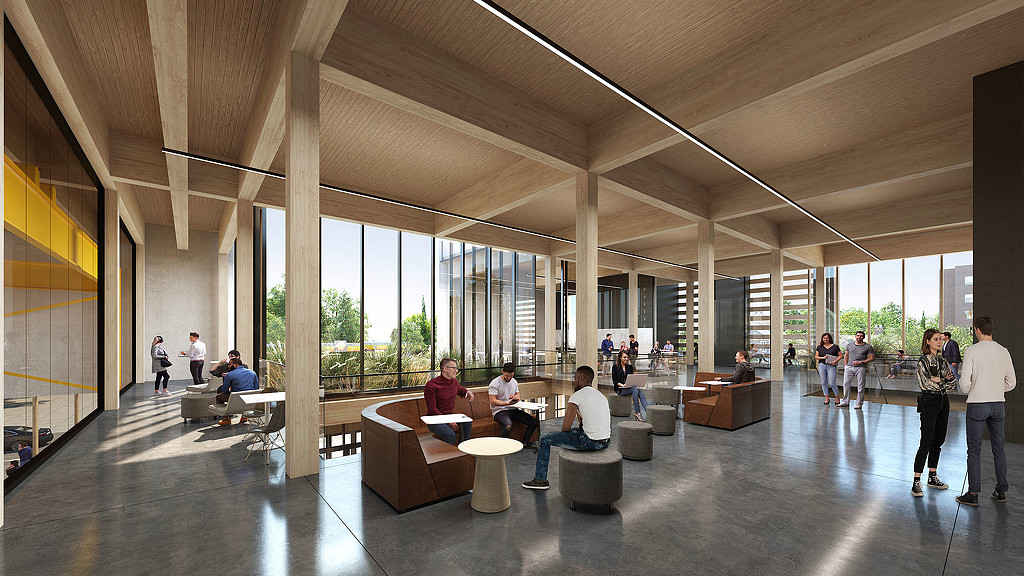 Shakopee Innovation Hub communal space with windows and a large glass ceiling.