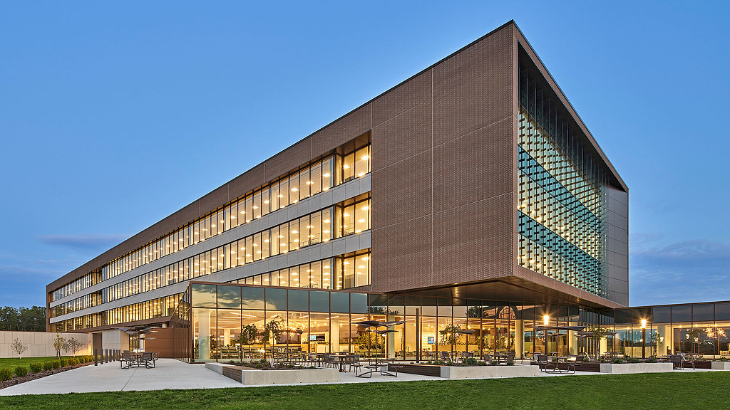 A building with glass windows.