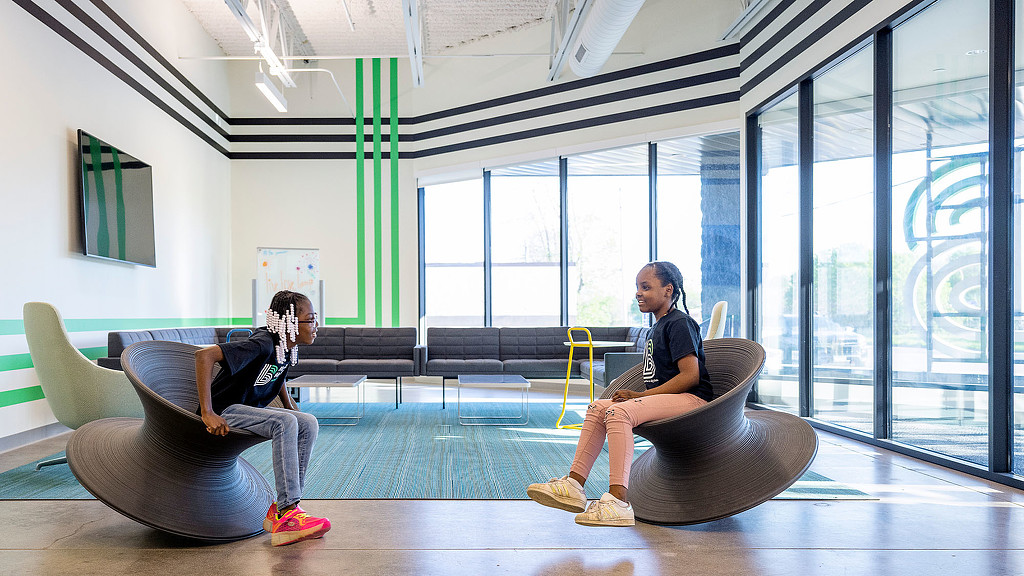 Fun chairs in an open area meeting room at Big Brothers Big Sisters Minneapolis