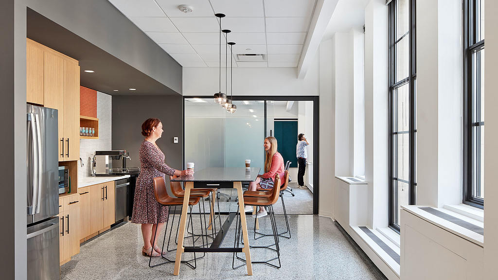 The cafe area in a modern office at the Minneapolis Chamber of Commerce