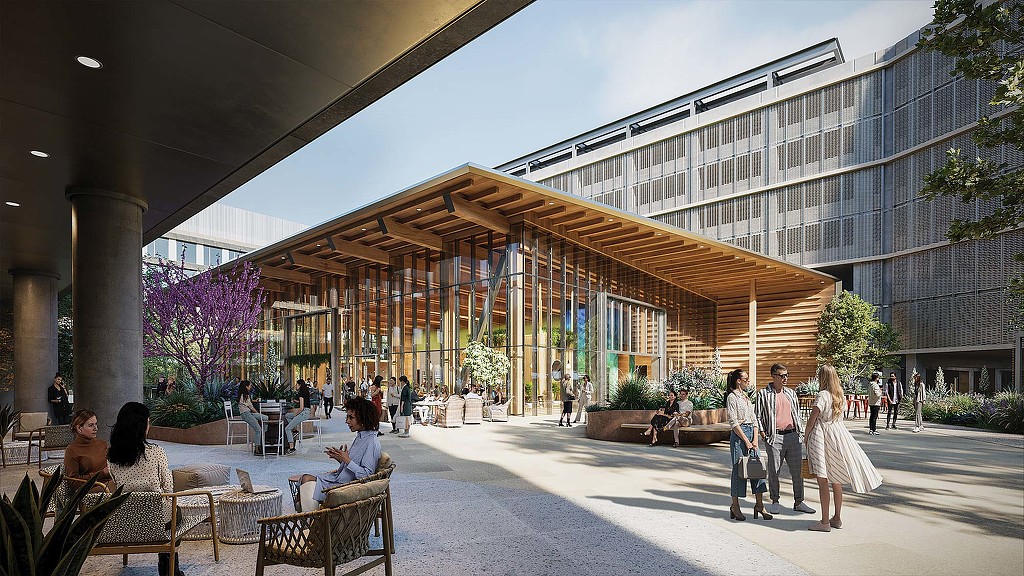 People walking outside a building.