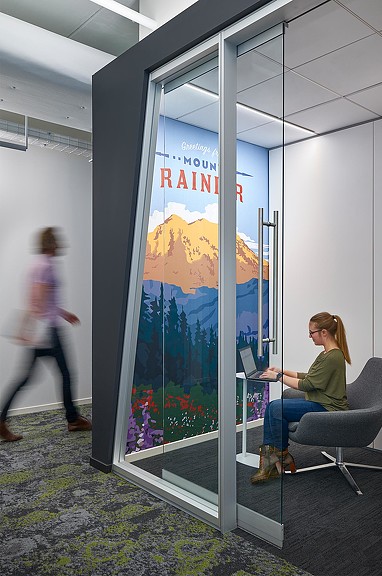 Individual phone room with Mount Rainier wall graphic