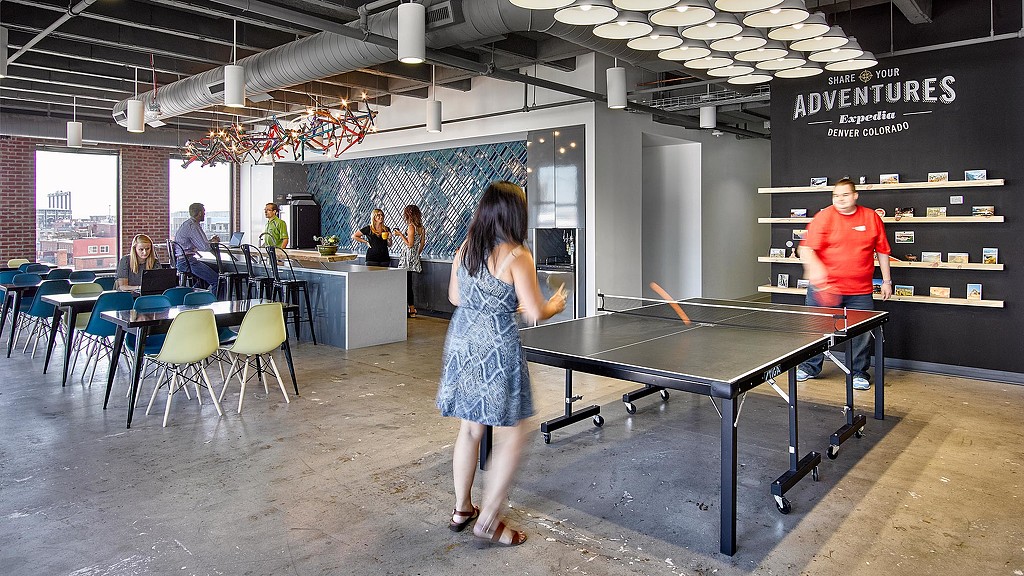 Travel technology client workplace with ping pong table and cafe