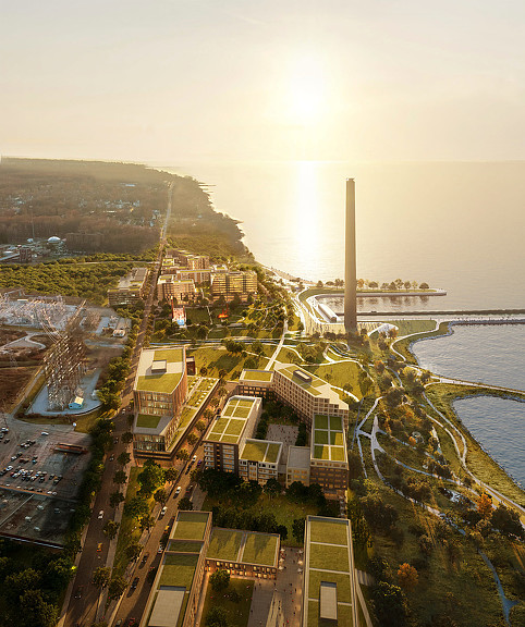 A sunset rendering of Avon Lake Master Plan with green roof buildings