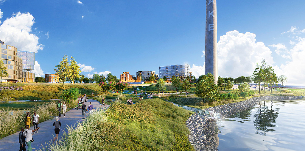 A green path with people walking in a rendering of Avon Lake Master Plan