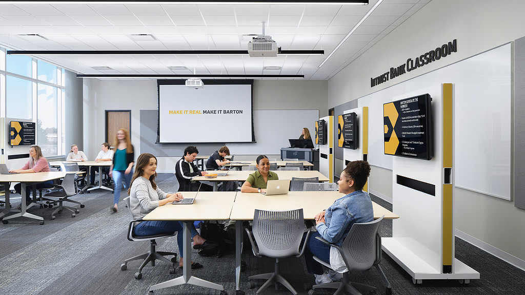 A group of people sitting around a table in a classroom at Wichita State University Business School