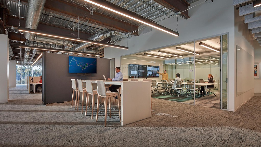 CoStar Irvine bar height table outside meeting room