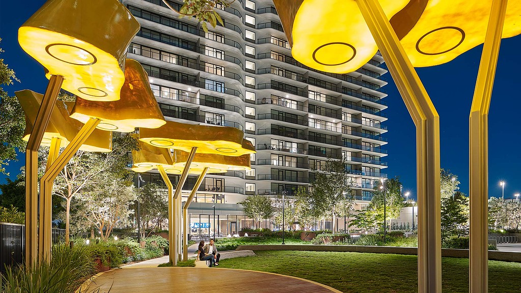 Yellow sculptures in front of The Landmark residences
