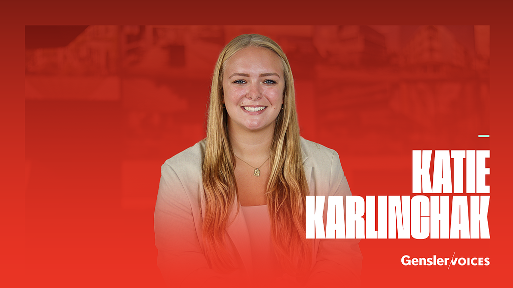 Katie Karlinchak headshot with Gensler Voices overlay