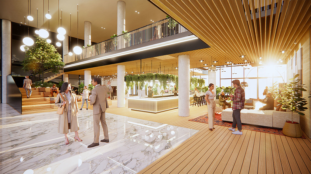 A group of people in a large room with a large white floor.