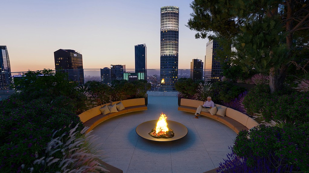 8th Grand & Hope deck at night with DTLA view