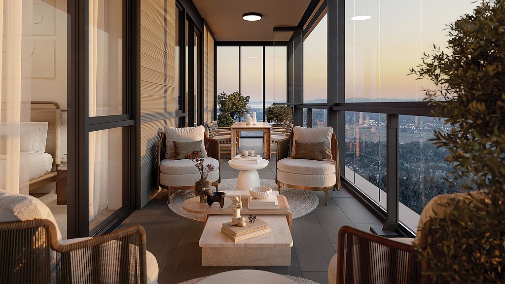 A living room with a large window.