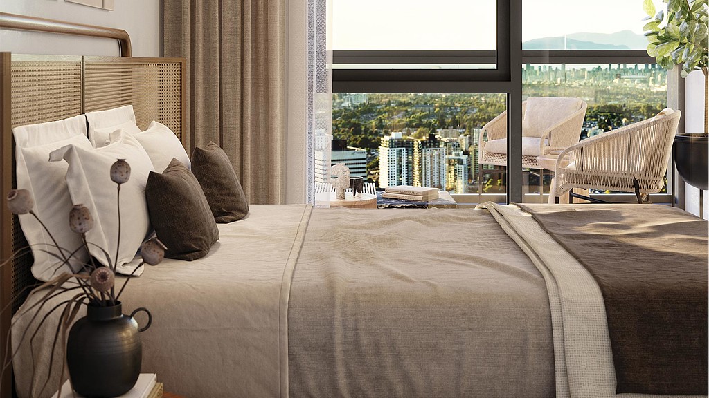 A bed with a lamp on it.