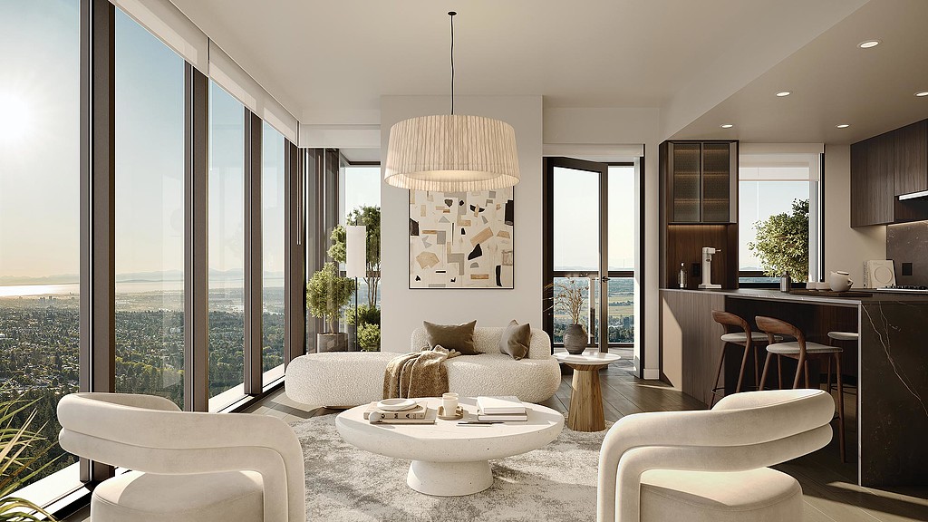 A living room with a large window.