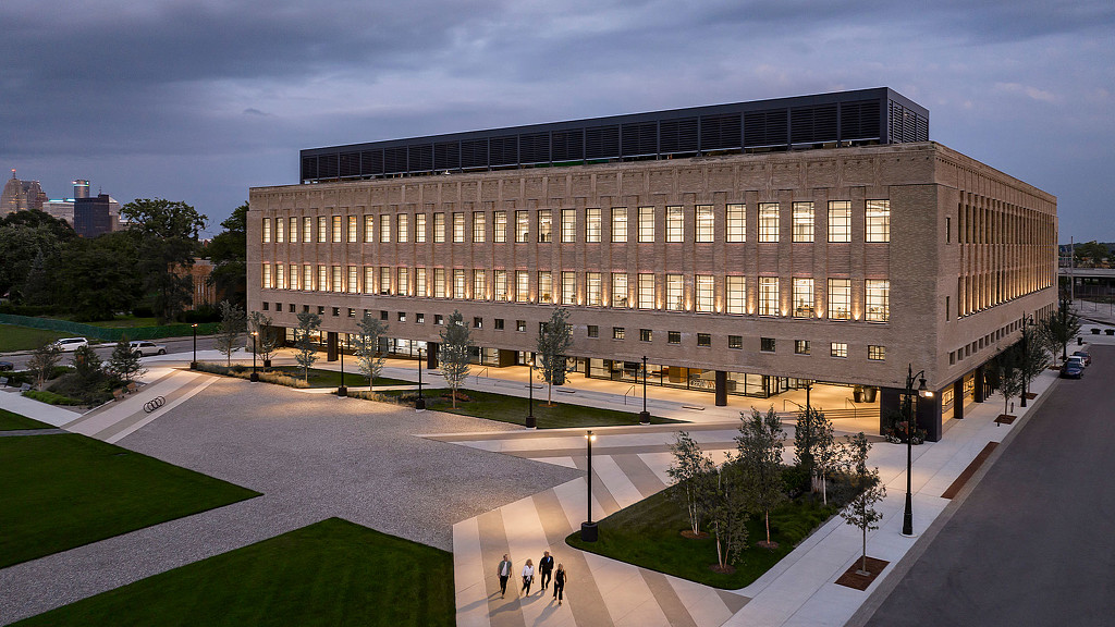 The facade of historic book depository in Detroit