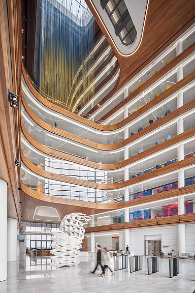 Capital One McLean Block A lobby with white sculpture and artwork overhead