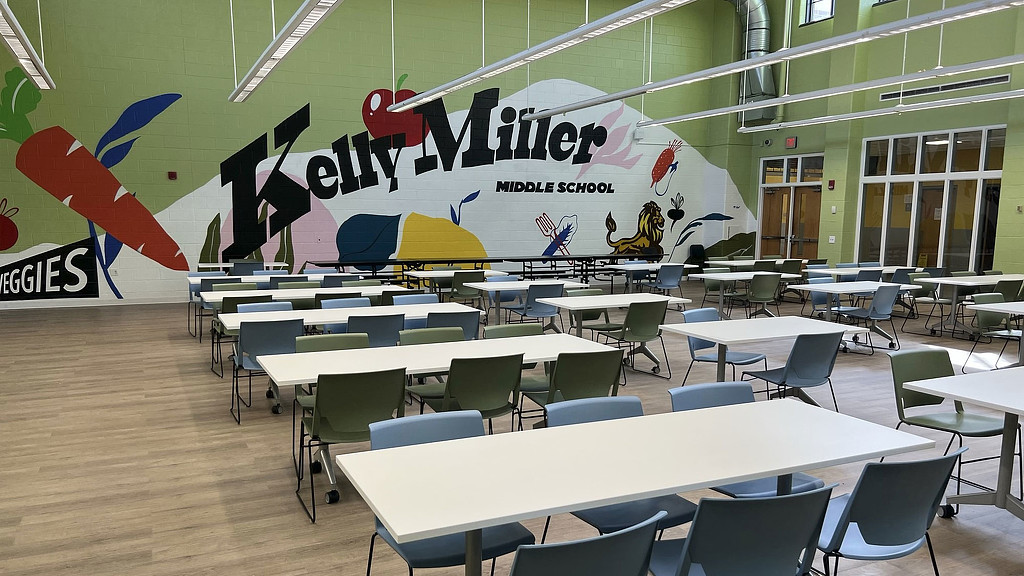 Kelly Miller Middle School cafeteria with mural