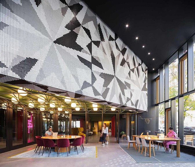 A building with tables and chairs.
