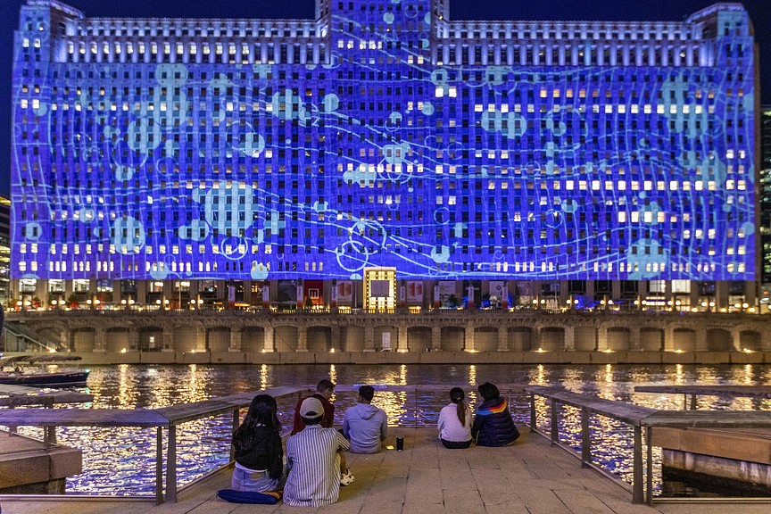 Art on the Mart nighttime view from Chicago riverwalk