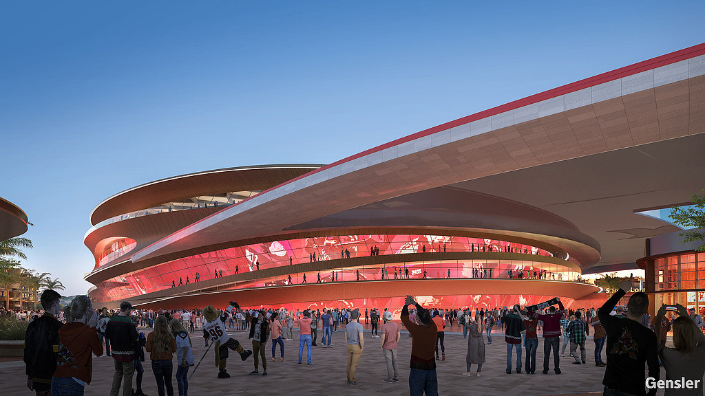 Arizona Coyotes Arena and Entertainment District exterior at dusk