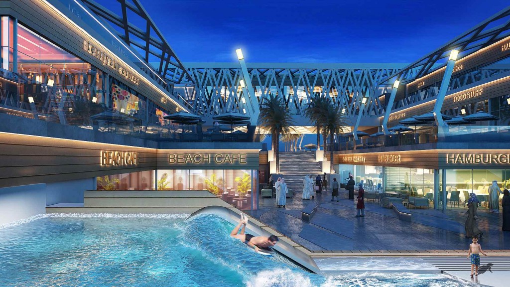 A pool with people in it and a bridge in the background.