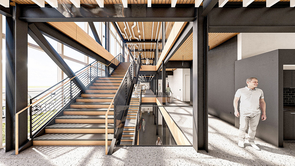 Stairway in wurth electronics, wooden accents