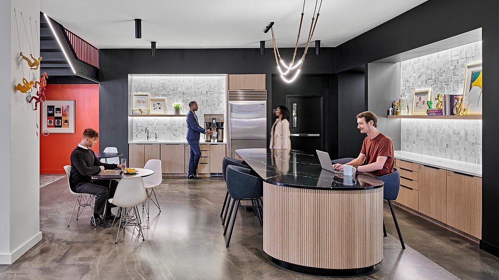 Interior coffee area image of Gensler Detroit office.