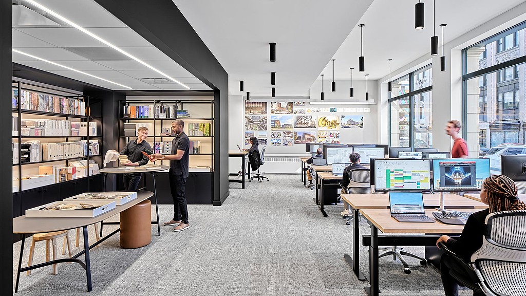 Interior workstation and material library image of Gensler Detroit office.