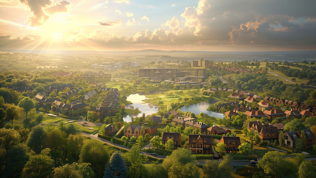 An AI-generated image of a garden city with a river running through it.